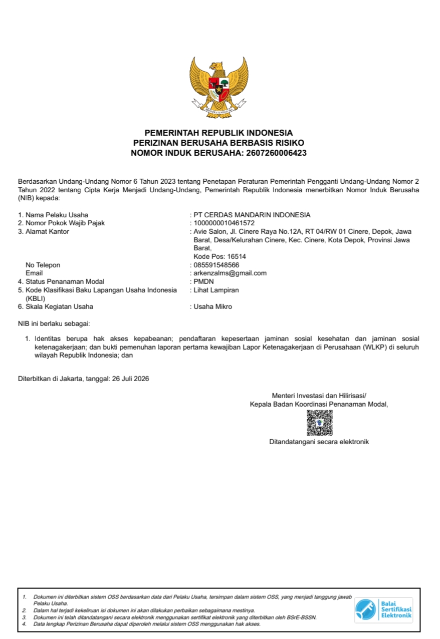 Pratinjau dokumen Nomor Induk Berusaha (NIB) dari OSS Indonesia