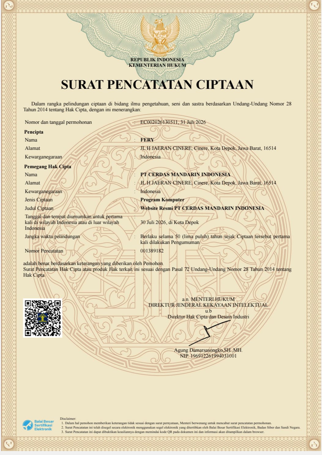 Pratinjau dokumen Sertifikat Hak Cipta dari Direktorat Jenderal Kekayaan Intelektual (DJKI)