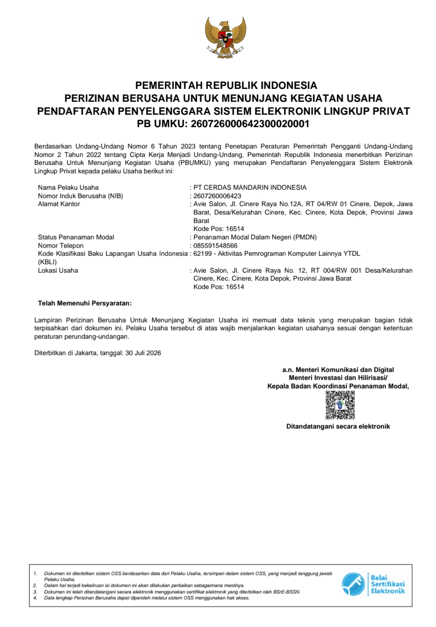 Pratinjau dokumen Sertifikat Penyelenggara Sistem Elektronik (PSE) dari Kementerian Komunikasi dan Digital Republik Indonesia
