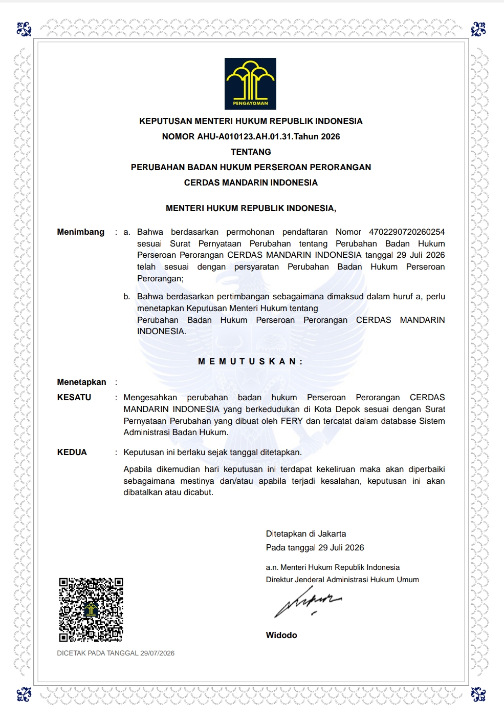 Pratinjau dokumen Sertifikat Pendirian PT (AHU) dari Kementerian Hukum Republik Indonesia - AHU