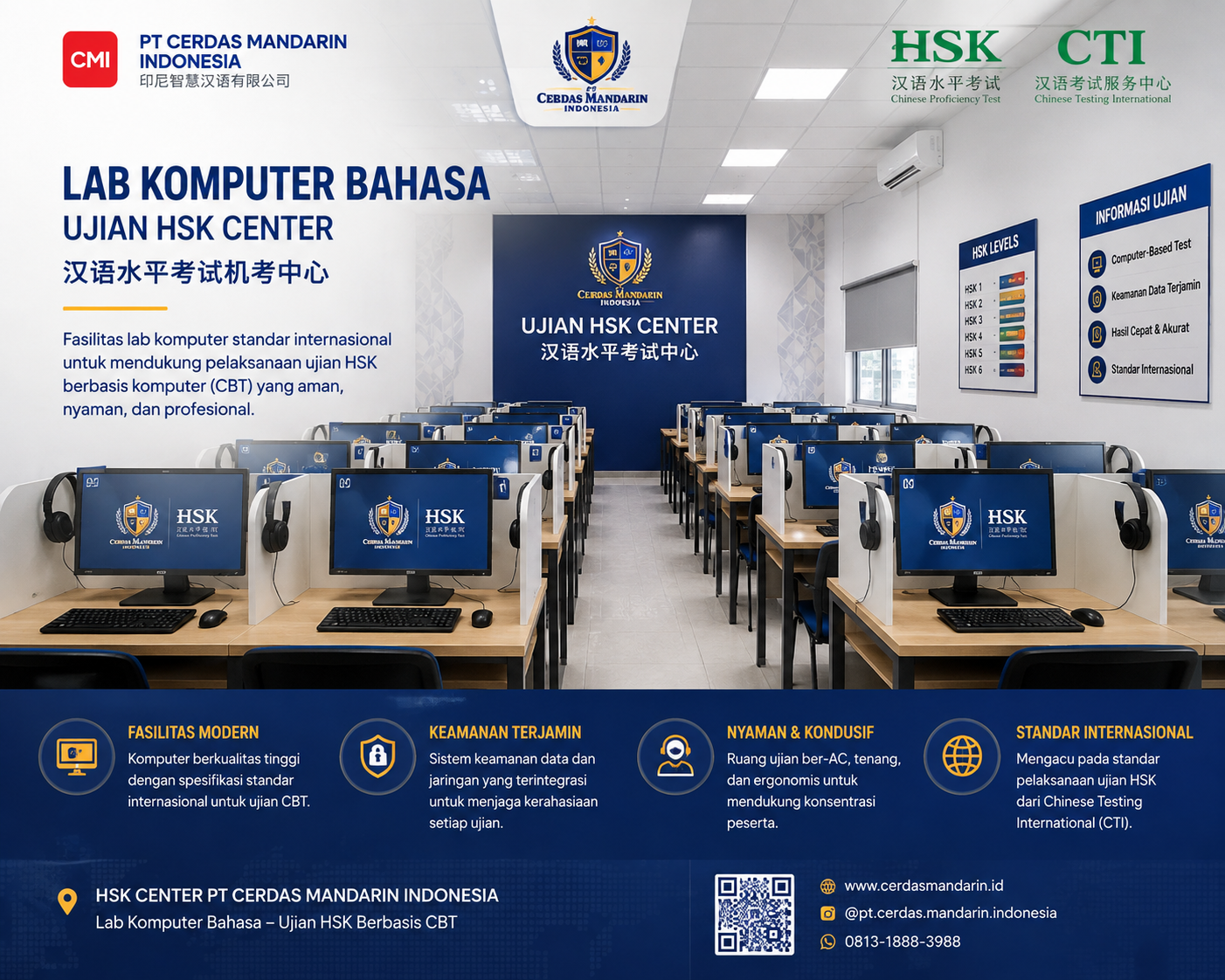 Lab Komputer Bahasa Ujian HSK Center PT Cerdas Mandarin Indonesia — ruang ujian HSK berbasis komputer (CBT)