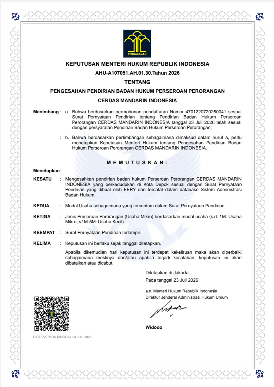 Pratinjau dokumen Sertifikat Pendirian PT (AHU) dari Kementerian Hukum Republik Indonesia - AHU