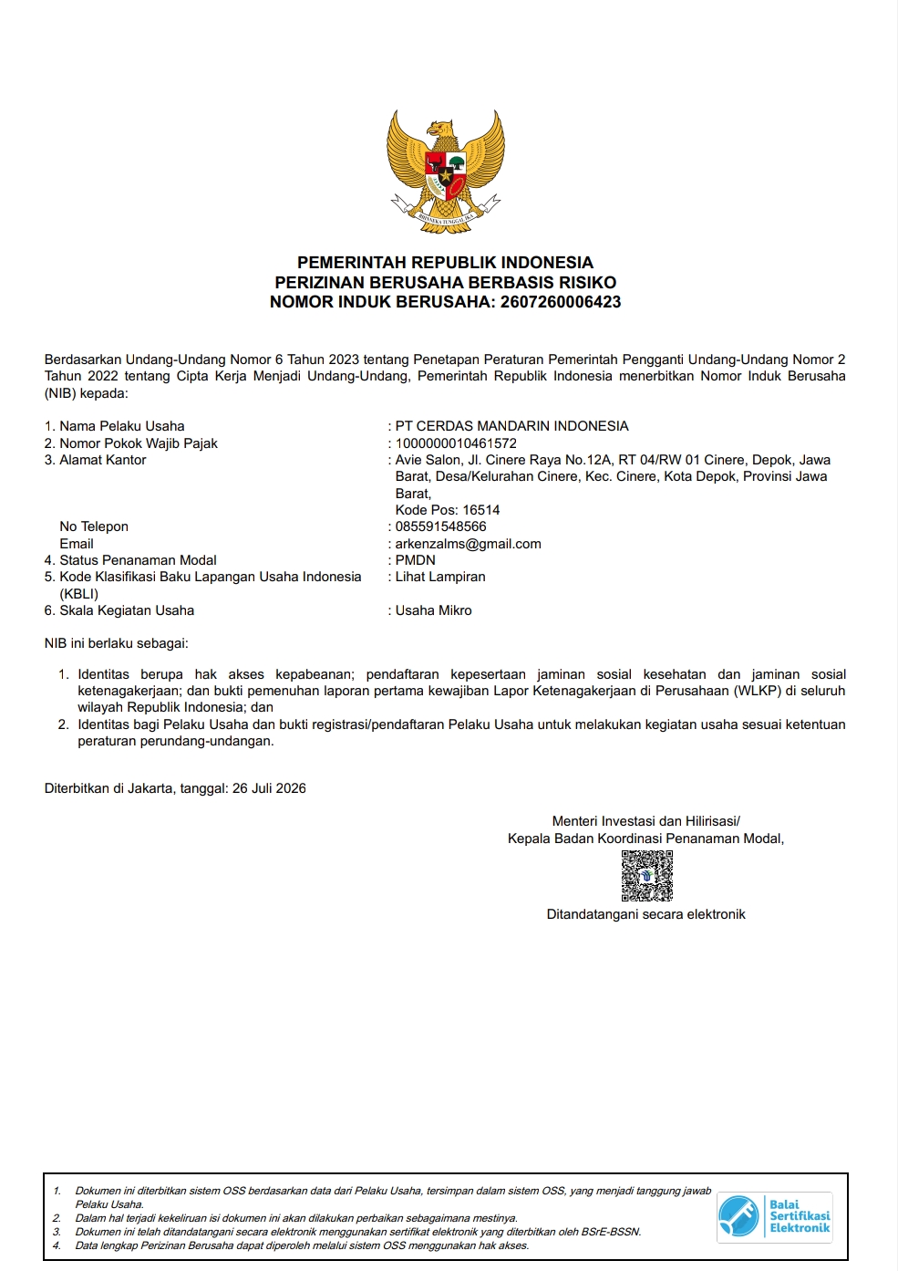 Pratinjau dokumen Nomor Induk Berusaha (NIB) dari OSS Indonesia