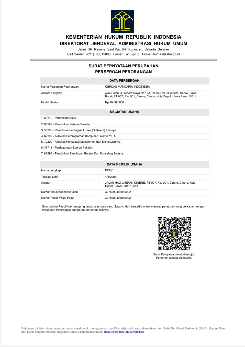 Pratinjau dokumen Dokumen Legal Resmi Lainnya dari PT CERDAS MANDARIN INDONESIA